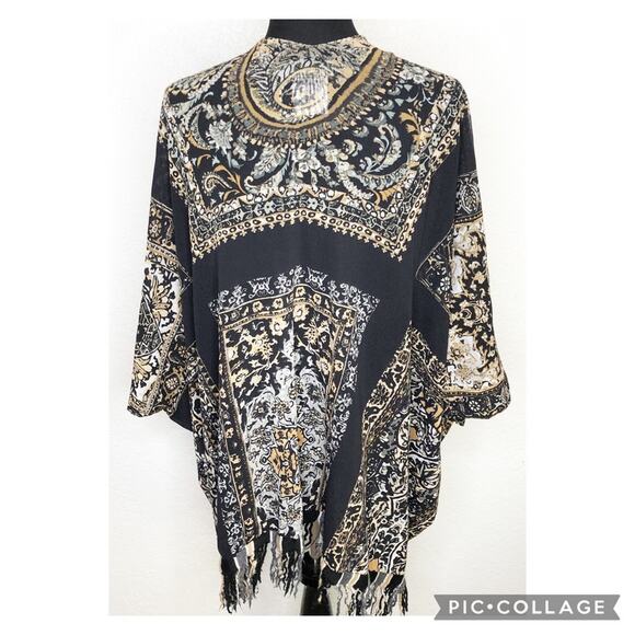 Fuzzi black white gold floral fringe trim open front kimono top size Medium - Picture 16 of 16